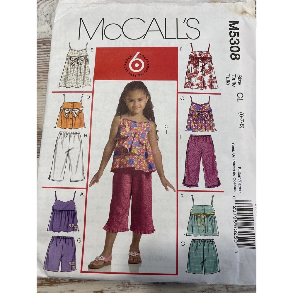 2007 McCalls 5308 Girls Sewing Pattern Size 6-8 Tops Pants Shorts Uncut
